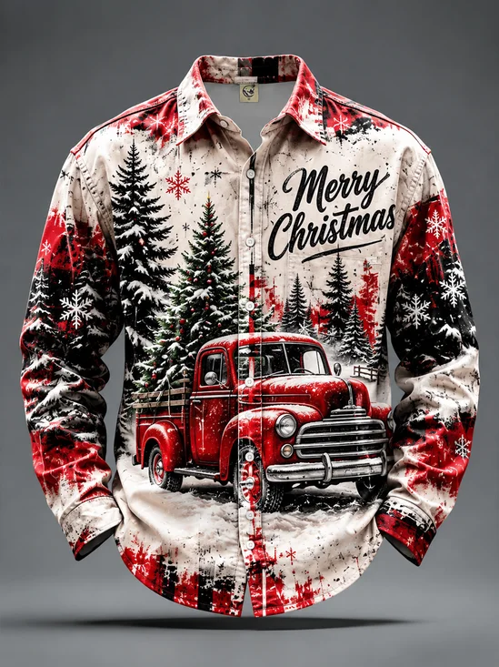 Moisture-Wicking "Merry Christmas" Vintage Car Chest Pocket  Casual Long-Sleeve Shirt