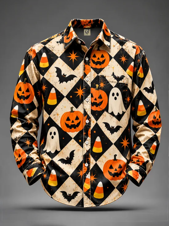 Moisture-Wicking Halloween Pumpkin Ghost Black Cat Print  Chest Pocket Casual Long-Sleeve Shirt