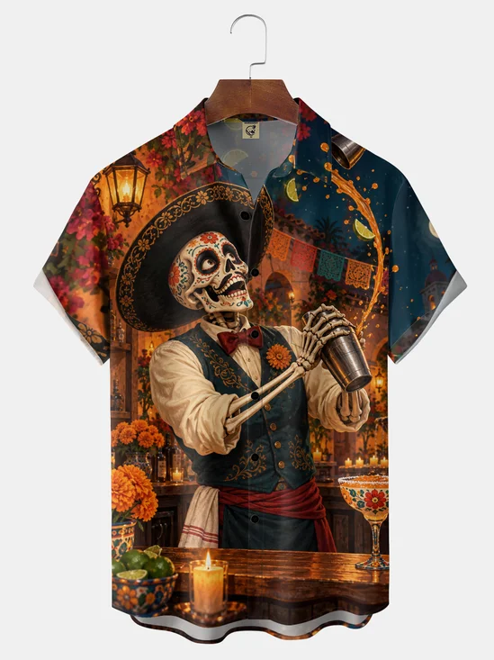 Moisture-Wicking Day Of The Dead Sugar Skull Bartender Sombrero Marigold Flower Bar Lime Candle Chest Pocket Holiday Hawaiian Shirt