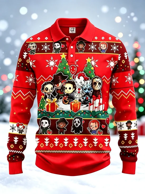 Moisture-Wicking Gradient Print  Christmas Theme Christmas Tree Snowflake Geometric Patterns Long-Sleeve Hawaiian Golf Polo