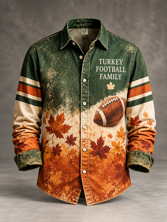 Moisture-Wicking Thanksgiving Geometric Maple Leaf & Football Chest Pocket Casual Long-Sleeve Shirt