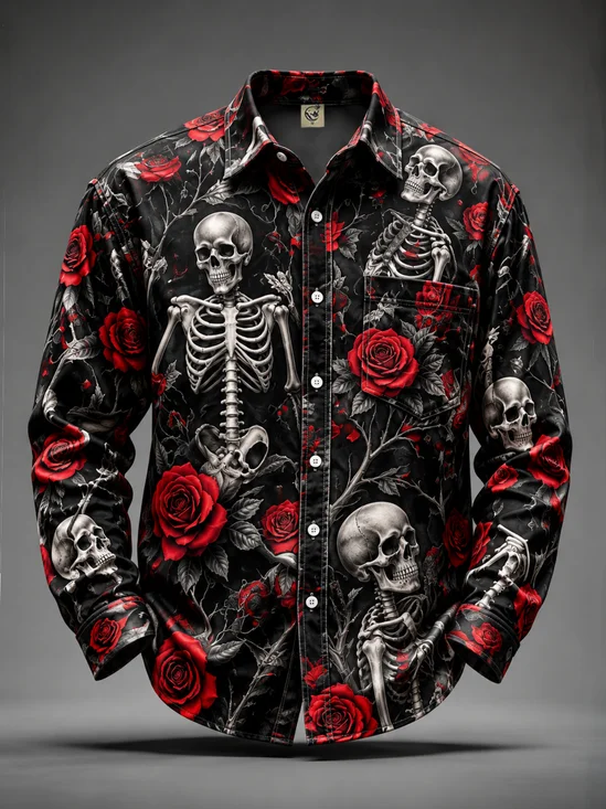 Moisture-Wicking "Day of the Dead" Rose & Skull Chest Pocket Casual Long-Sleeve Shirt