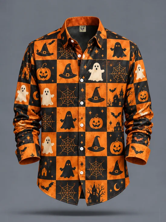Moisture-Wicking  Halloween Pumpkin, Ghost, and Black Cat Print Casual Long-Sleeve Shirt