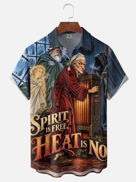 Moisture-Wicking Christmas Ebenezer Scrooge Ghost Christmas Carol “Spirit Is Free Heat Is No” Chest Pocket Holiday Hawaiian Shirt