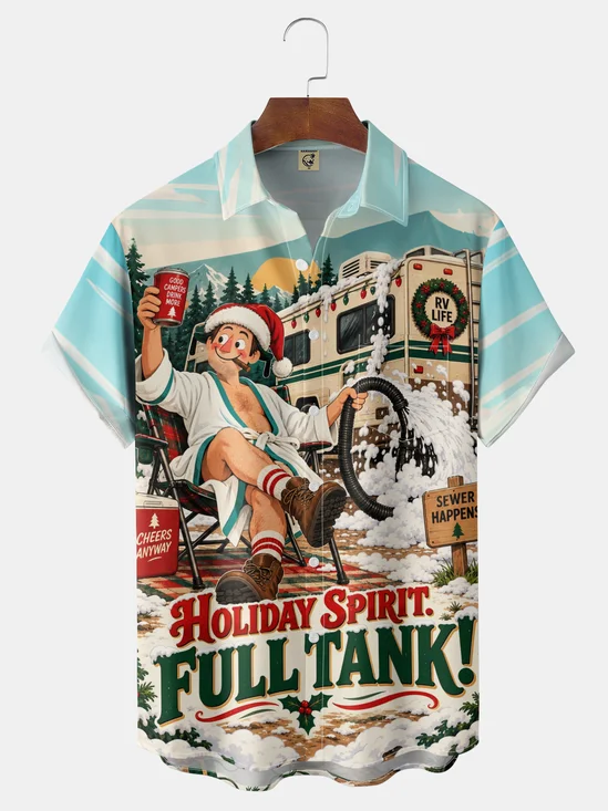 Moisture-Wicking Christmas Cartoon Santa Hat Beer Can Sewer Hose Snow Mountain Pine Tree Chest Pocket Holiday Hawaiian Shirt