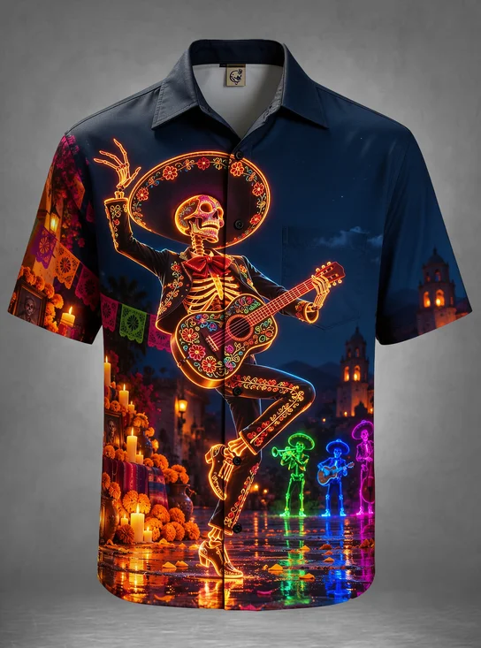 Moisture-Wicking Day Of The Dead Neon Mariachi Skull Guitar Marigold Candle Mexican Chest Pocket Holiday Hawaiian Shirt