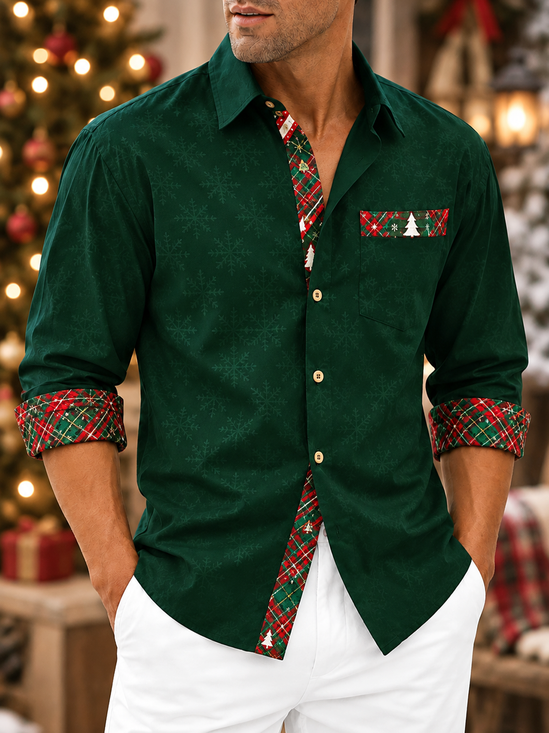 Moisture-Wicking  Color Panels Christmas Tree Detail Chest Pocket Long-Sleeve Casual Shirt