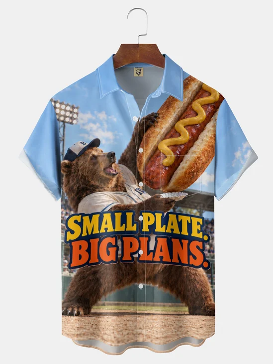Moisture-Wicking Bear Baseball Uniform Giant Hotdog Small Plate Big Plans Stadium Chest Pocket Hawaiian Shirt