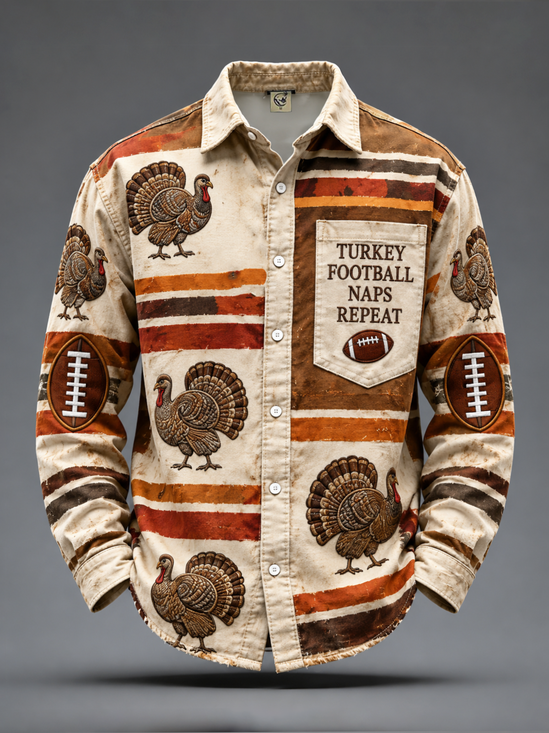 Moisture-Wicking Thanksgiving  Geometric Maple Leaf Football Turkey Chest Pocket Casual Long-Sleeve Shirt