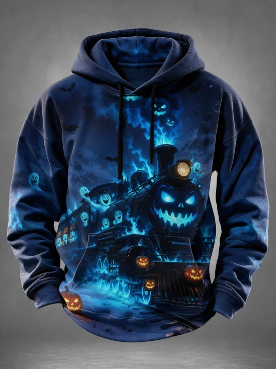 Halloween Cartoon Pumpkin Ghostly Face Steam Train Flames Ghost Bat Snow-Capped Mountain Starry Sky Kangaroo-Pocket Hoodie Sweatshirt