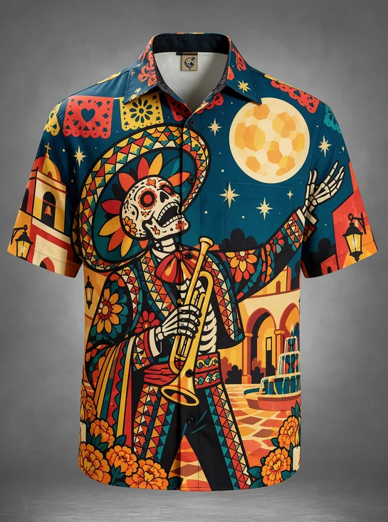 Moisture-Wicking Day Of The Dead Mariachi Skull Trumpet Moon Mexican Town Marigold Chest Pocket Holiday Hawaiian Shirt