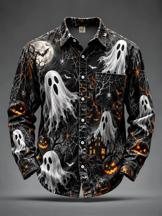 Moisture-Wicking Halloween Ghost Pumpkin Castle Print Chest Pocket Casual Long-Sleeve Shirt