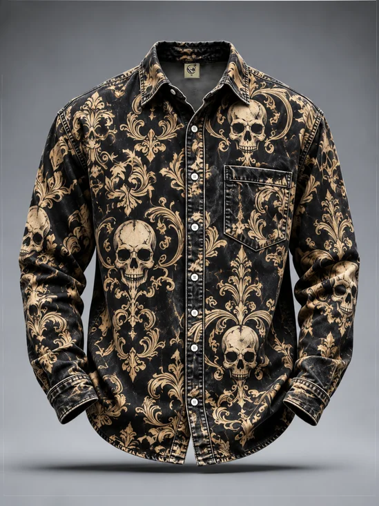 Moisture-Wicking Day of the Dead Skull with Botanical Foliage Design Chest Pocket Long-Sleeve Casual Shirt