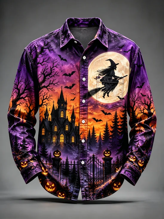 Moisture-Wicking Halloween Pumpkin Wizard Castle Print  Chest Pocket Casual Long-Sleeve Shirt