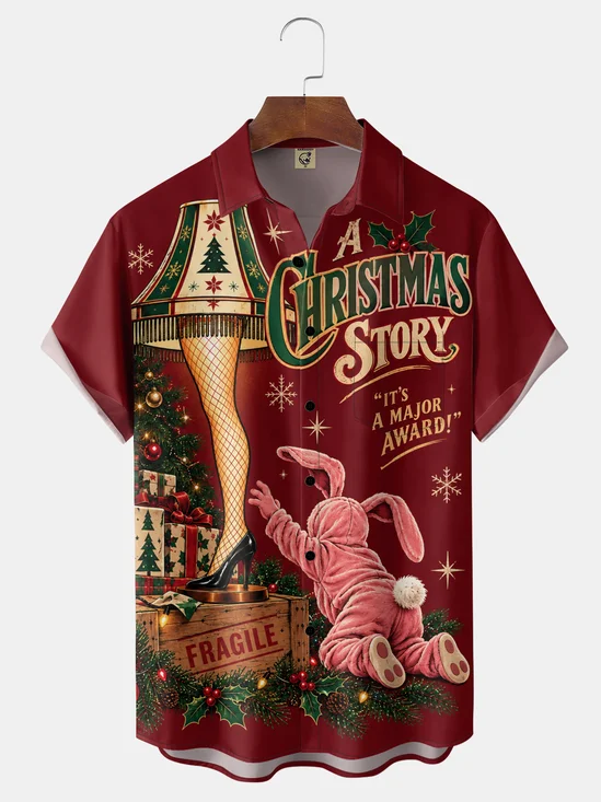 Moisture-Wicking Christmas Leg Lamp Pink Bunny Suit Gift Box Holly Snowflake Chest Pocket Holiday Hawaiian Shirt