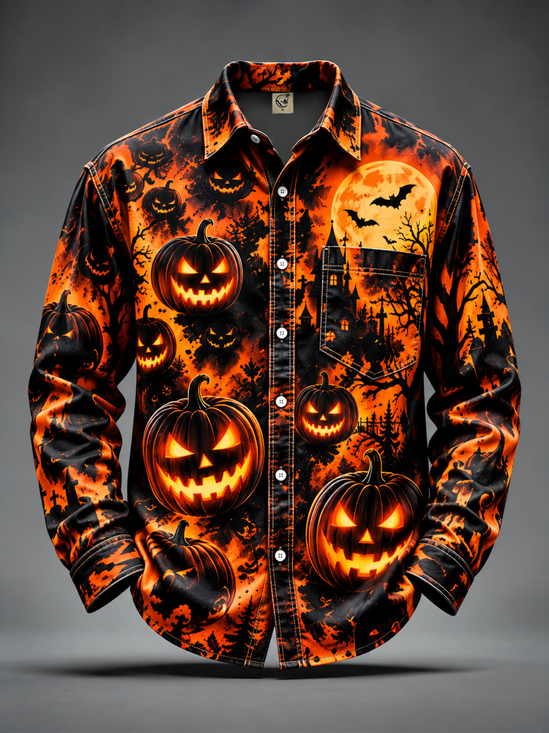 Moisture-Wicking Halloween Pumpkin Bat Castle Chest Pocket Casual Long-Sleeve Shirt