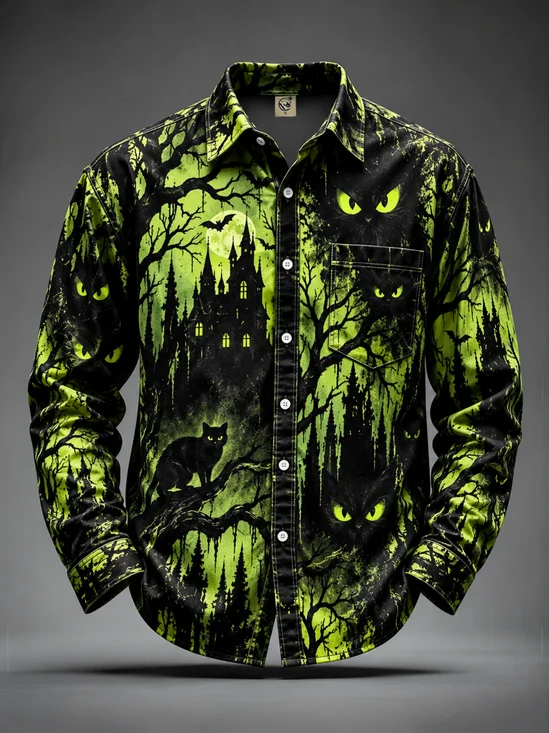 Moisture-Wicking Halloween Black Cat & Castle Chest-Pocket Casual Long-Sleeve Shirt
