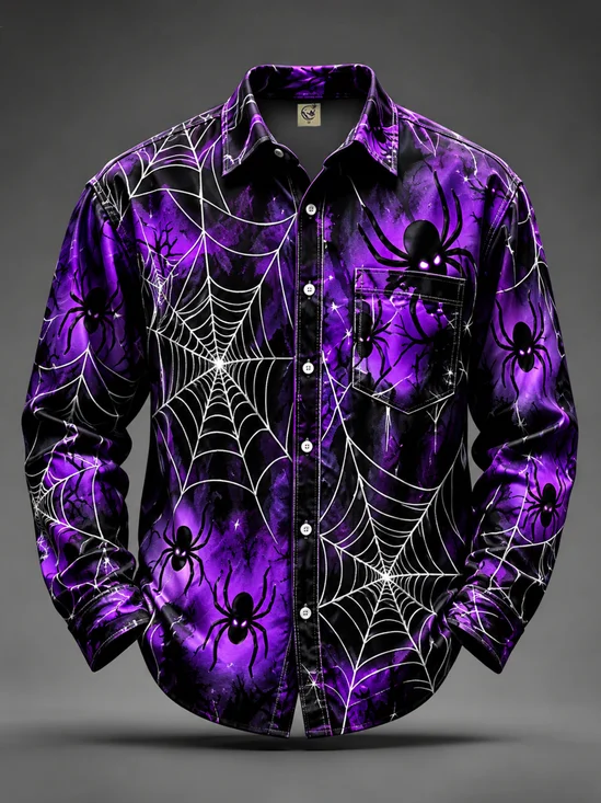 Moisture-Wicking Halloween Spider Chest-Pocket Casual Long-Sleeve Shirt