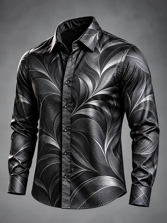 Moisture-Wicking  Abstract Geometric and Botanical Line Patterns Long-Sleeve Casual Shirt
