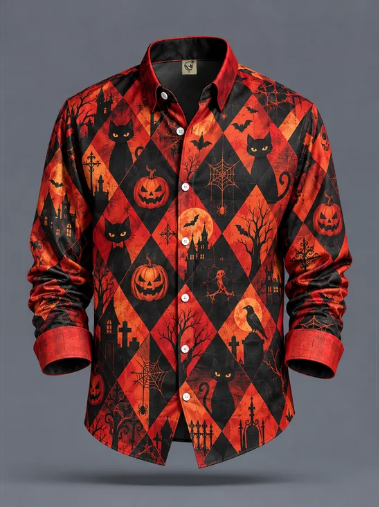 Moisture-Wicking Halloween Pumpkin Ghost Black Cat Print  Chest Pocket Casual Long-Sleeve Shirt