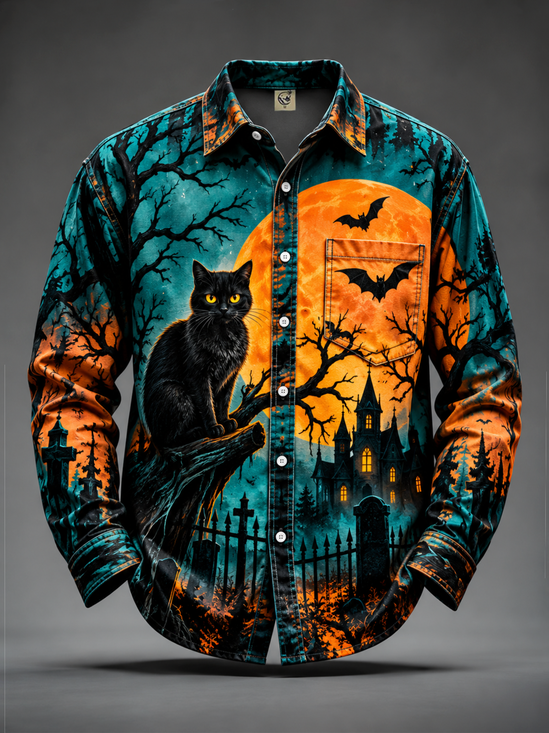 Moisture-Wicking Halloween Black Cat Bat Castle Chest Pocket Casual Long-Sleeve Shirt