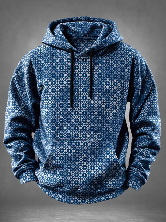 Vintage Tie Dye Geometric Tile Seamless Kangaroo-Pocket Hoodie Sweatshirt