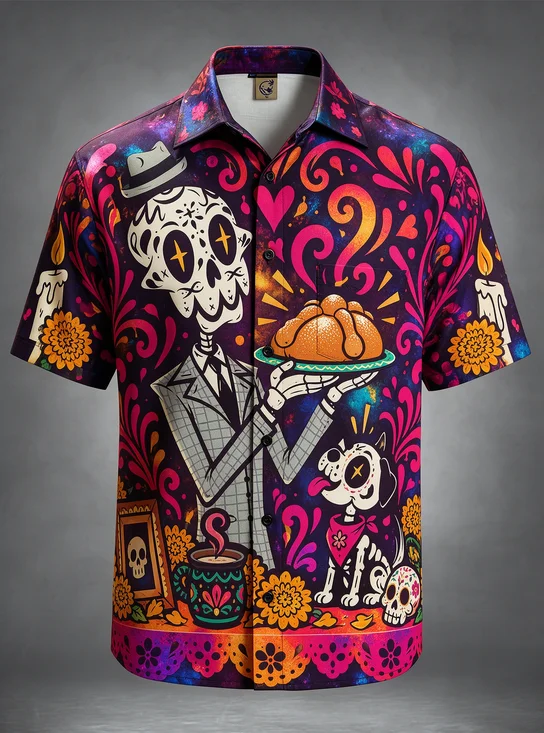 Day Of The Dead Suit Skull Dog Skwll Bread Marigold Candle Chest Pocket Holiday Hawaiian Shirt
