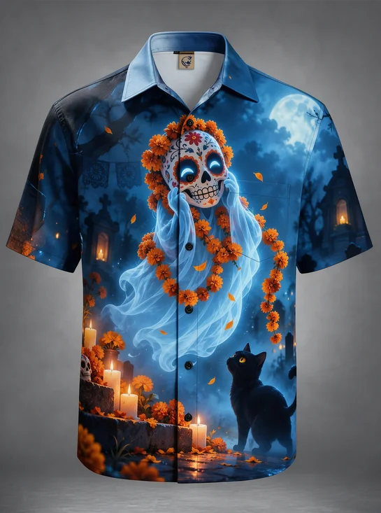 Moisture-Wicking Day Of The Dead Ghost Sugar Skull Black Cat Marigold Candle Cemetery Moon  Chest Pocket Holiday Hawaiian Shirt