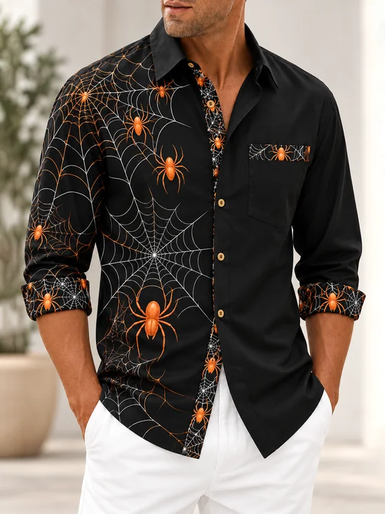 Moisture-Wicking Halloween Color-Block Spider Chest Pocket Casual Long-Sleeve Shirt