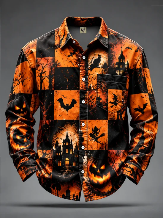 Moisture-Wicking  Halloween Bat Pumpkin Castle Print  Chest Pocket Casual Long-Sleeve Shirt