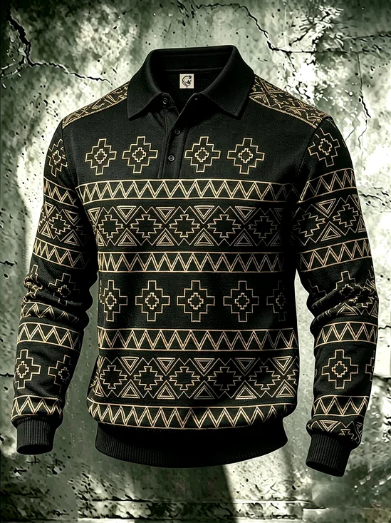 Moisture-Wicking 3D Abstract Geometric Long-Sleeve Hawaiian Golf Polo