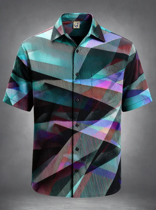 Moisture-Wicking Art Striped Abstract Geometric Triangle Chest Pocket Casual Hawaiian Shirt