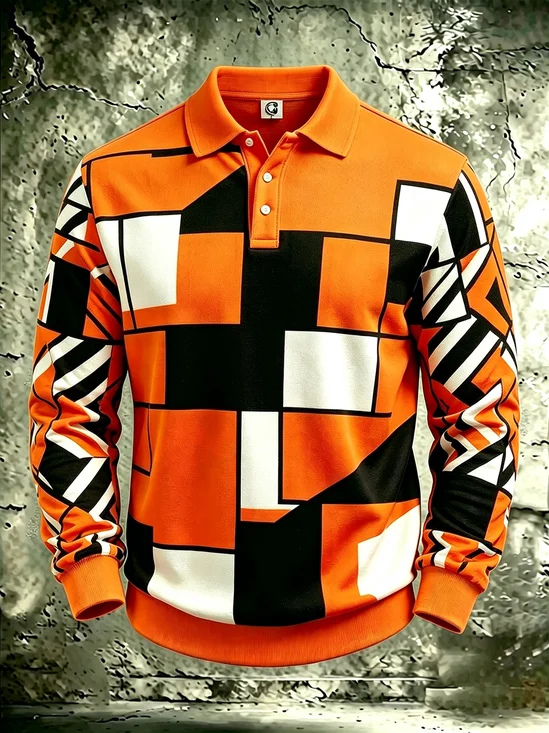 Moisture-Wicking  Abstract Geometric Color-Block Design Long-Sleeve Hawaiian Golf Polo