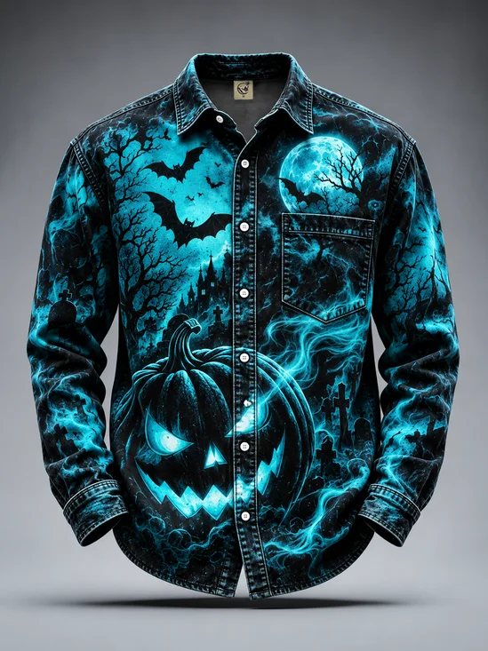 Moisture-Wicking  Halloween Pumpkin Bat Castle Print Chest Pocket   Casual Long-Sleeve Shirt