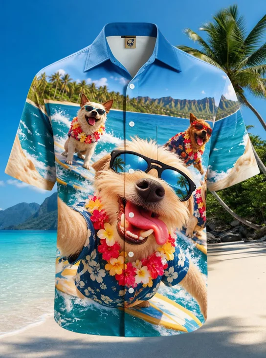 Moisture-Wicking Tropical Dogs Sunglasses Flower Lei Surfboard Ocean Mountain Beach Chest Pocket Hawaiian Shirt