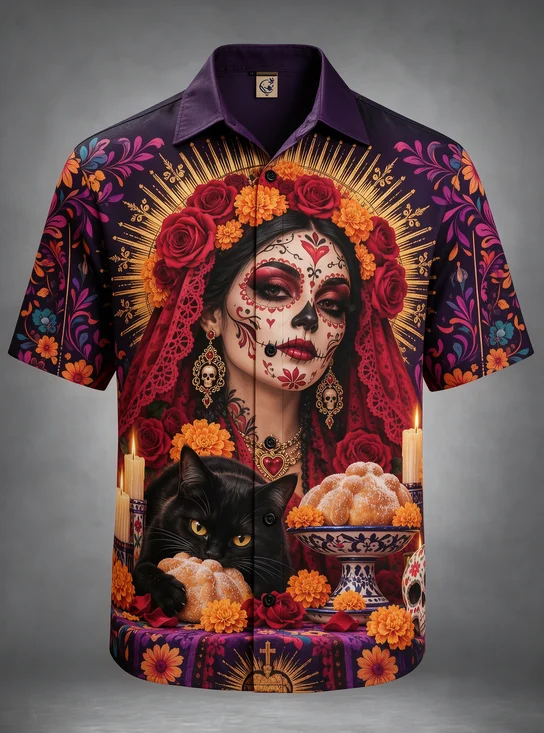 Day Of The Dead Catrina Woman Black Cat Rose Marigold Candle Pan De Muerto Chest Pocket Holiday Hawaiian Shirt Floral