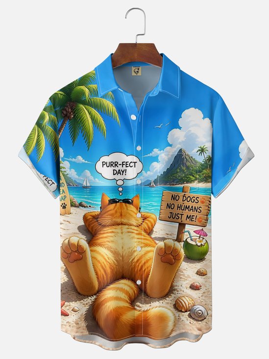 Moisture-Wicking Gradient Print Cat Coconut Tree  Beach Motif  Chest Pocket Hawaiian Shirt