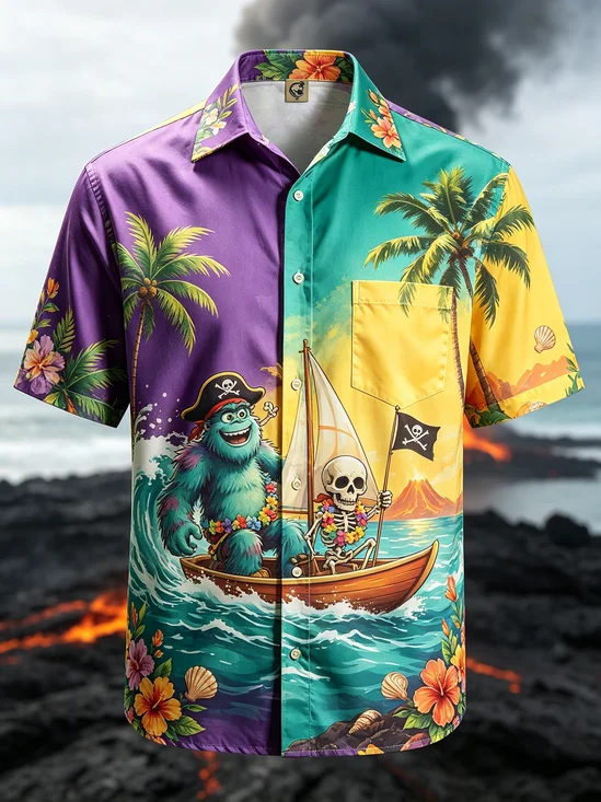 Moisture-Wicking Beach Bigfoot Pirate & Skull Design with Coconut Trees – Chest Pocket Hawaiian Shirt