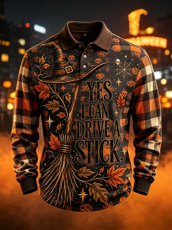 Moisture-Wicking  Halloween Prints Skulls  Plaid Halloween Hats Maple Leaves Long Sleeve Hawaiian Golf Polo