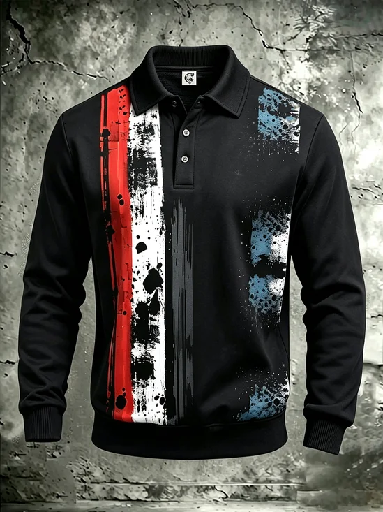 Moisture-Wicking  3D Abstract Geometric Color-Block Design Long-Sleeve Hawaiian Golf Polo