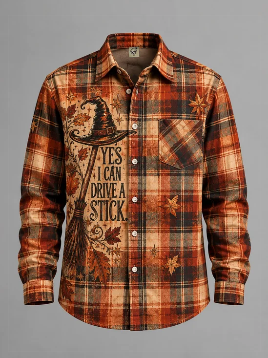 Moisture-Wicking Halloween "YES I CAN DRIVE A STICK"  Chest Pocket Casual Long-Sleeve Shirt