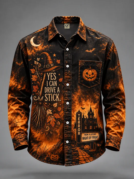 Moisture-Wicking Halloween "YES I CAN DRIVE A STICK"  Chest Pocket Casual Long-Sleeve Shirt