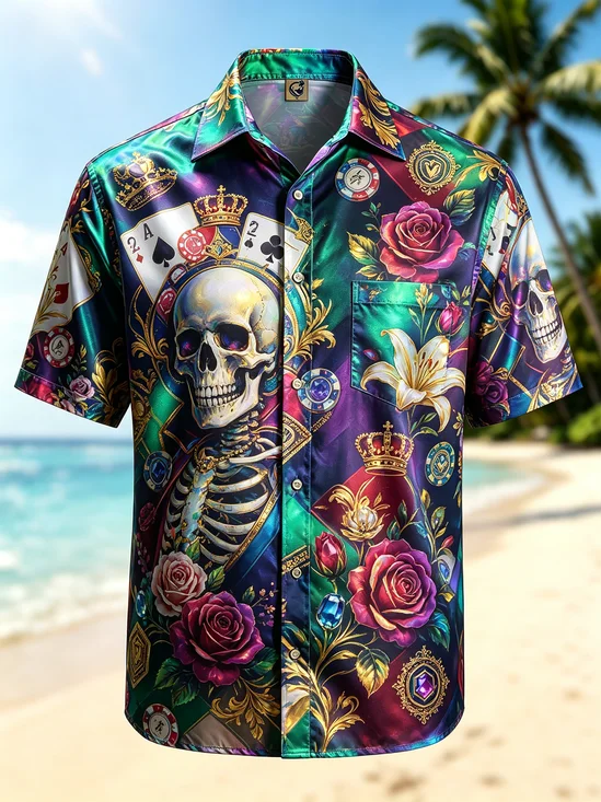 Moisture-Wicking Paramount Playing Card Skull & Floral Print Chest Pocket Hawaiian Shirt