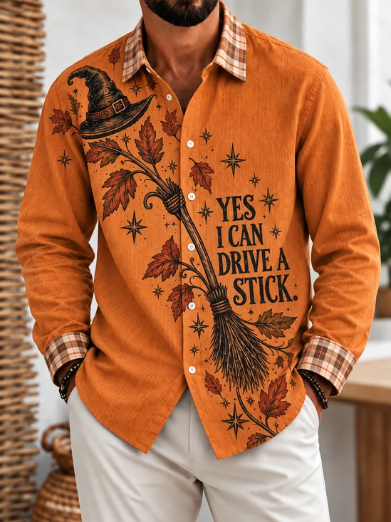 Linen-Texture Halloween "YES I CAN DRIVE A STICK" Casual Long-Sleeve Shirt
