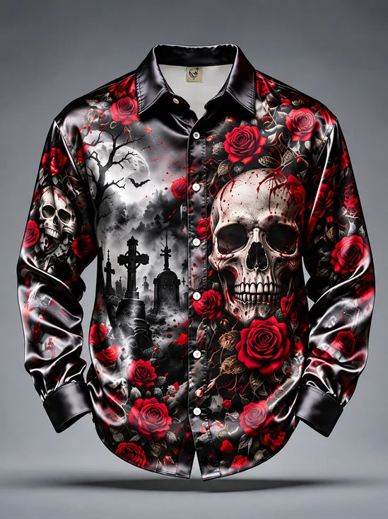 Breathable Silk Satin Day of the Dead Rose & Skull Print  Casual Long-Sleeve Shirt