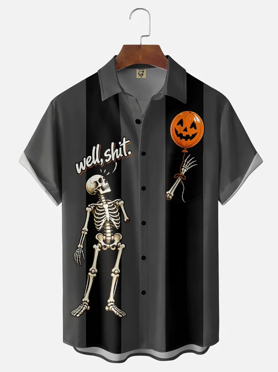 Moisture-Wicking Fun Halloween "Well Shit" Pumpkin & Skull Chest-Pocket  Bowling Shirt
