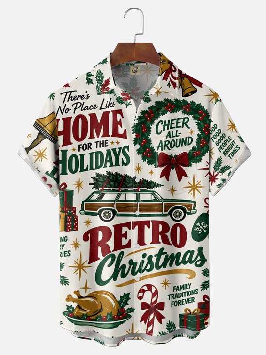 Moisture-Wicking "Christmas Vacation" Vintage Car & Christmas Tree Print  Chest Pocket Hawaiian Shirt
