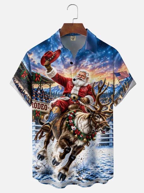 Moisture-Wicking "Merry Christmas" Santa Riding a Moose Chest-Pocket Hawaiian Shirt