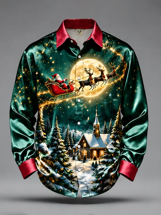 Breathable Silk Satin Christmas  Featuring Santa Claus Reindeer Sleigh  Long-Sleeve Casual Shirt