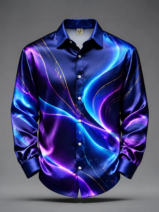 Breathable Silk Satin Abstract Gradient Geometric Lines  Long-Sleeve Casual Shirt